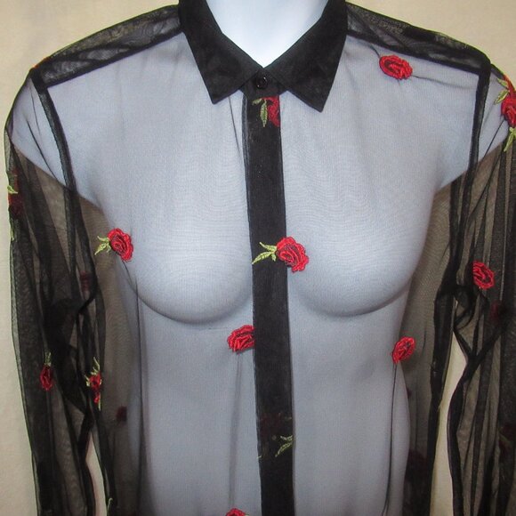 ASOS Design Sheer Embroidered Rose Button-Up | Size L - Picture 3 of 13